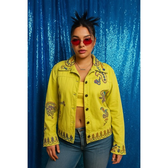 VTG Lime Green Floral Embroidered Button Up Denim Jacket-Small-Boho Festival Y2K - Picture 1 of 7